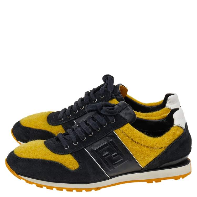 Pre Owned Fendi Black/Yellow Leather And Tweed FF Logo Band Lace up Sneakers Size 41.5
