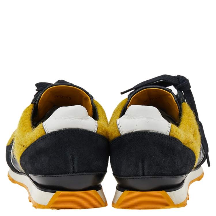 Pre Owned Fendi Black/Yellow Leather And Tweed FF Logo Band Lace up Sneakers Size 41.5