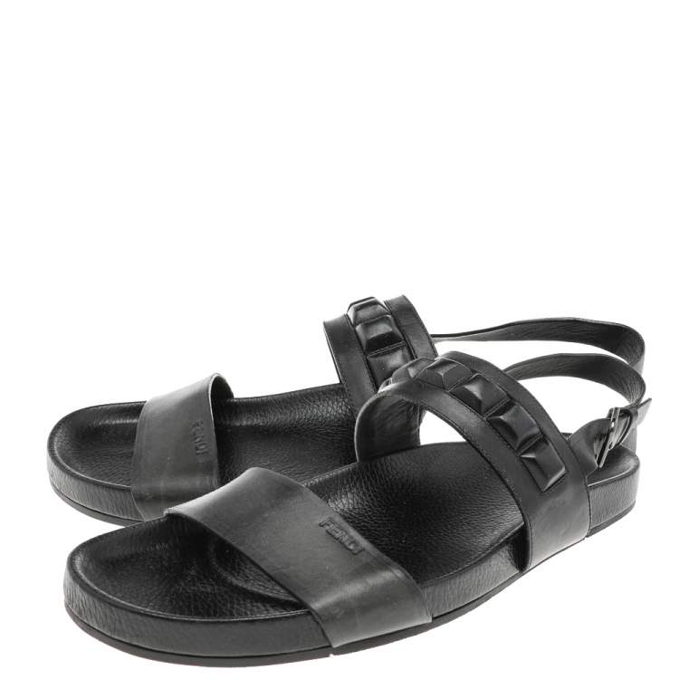 Pre Owned Fendi Black Leather Logo Flat Sandals Size 41