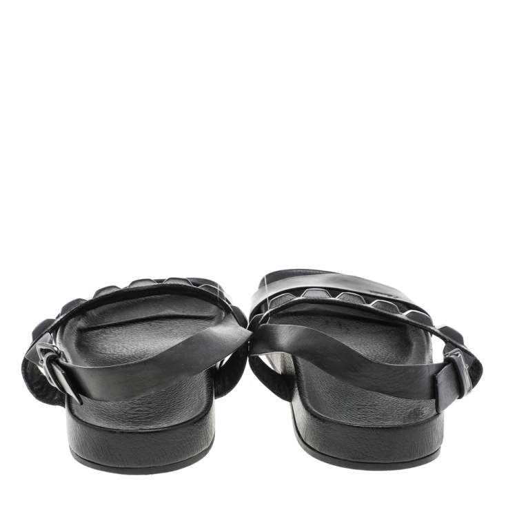 Pre Owned Fendi Black Leather Logo Flat Sandals Size 41