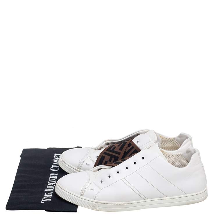 Pre Owned Fendi White Leather FF Logo Cross Band Slip-On Sneakers Size 43