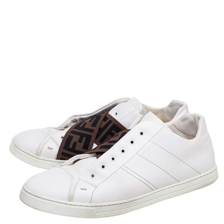 Pre Owned Fendi White Leather FF Logo Cross Band Slip-On Sneakers Size 43