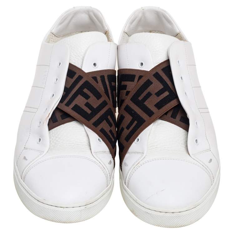 Pre Owned Fendi White Leather FF Logo Cross Band Slip-On Sneakers Size 43