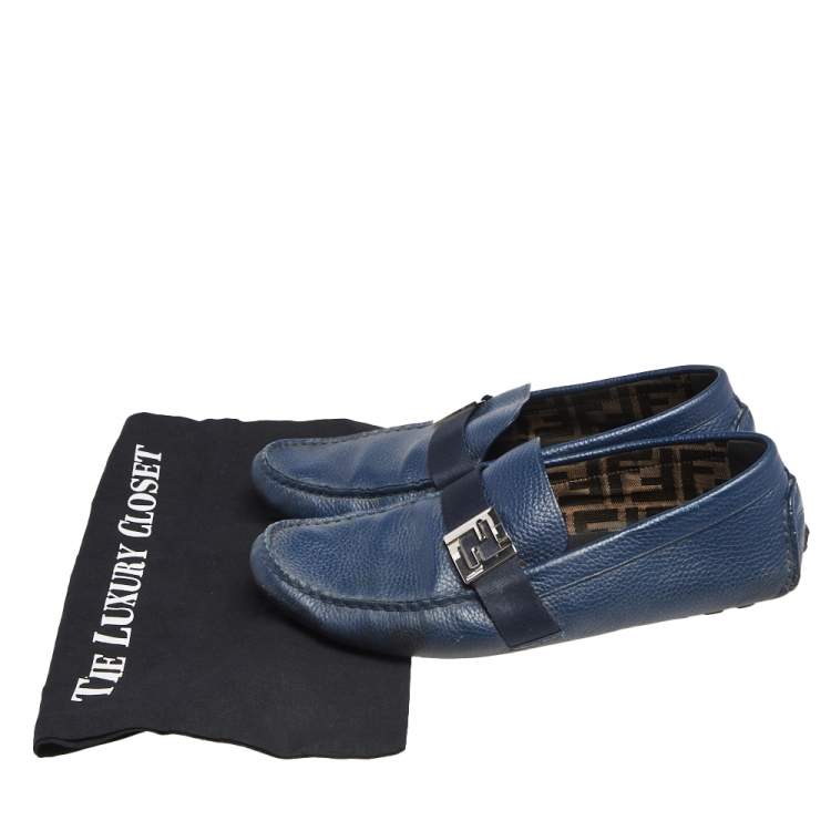 Pre Owned Fendi Blue Leather Slip On Loafers Size 42