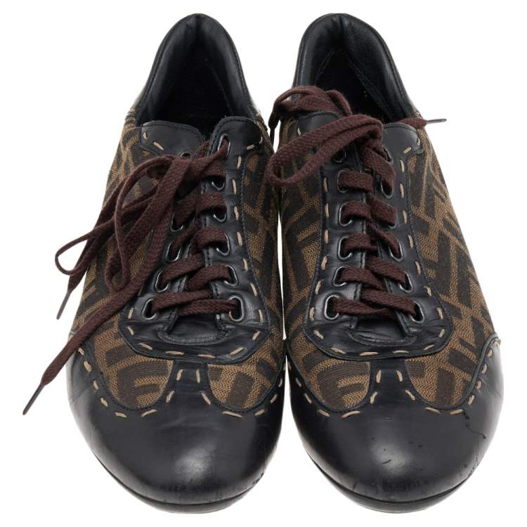 Pre Owned Fendi Brown Zucca Canvas And Leather Trim Low Top Sneakers Size 40.5