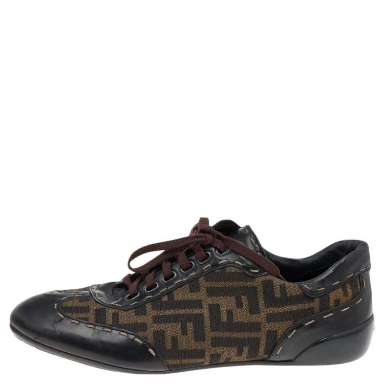 Pre Owned Fendi Brown Zucca Canvas And Leather Trim Low Top Sneakers Size 40.5