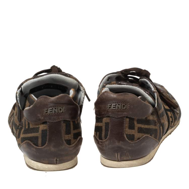مملوكة مسبقًا Fendi Brown Zucca Canvas and Leather Trim Low Top Sneakers Size 41