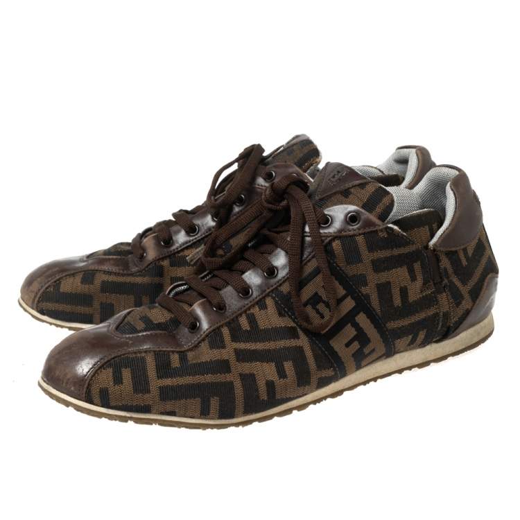مملوكة مسبقًا Fendi Brown Zucca Canvas and Leather Trim Low Top Sneakers Size 41