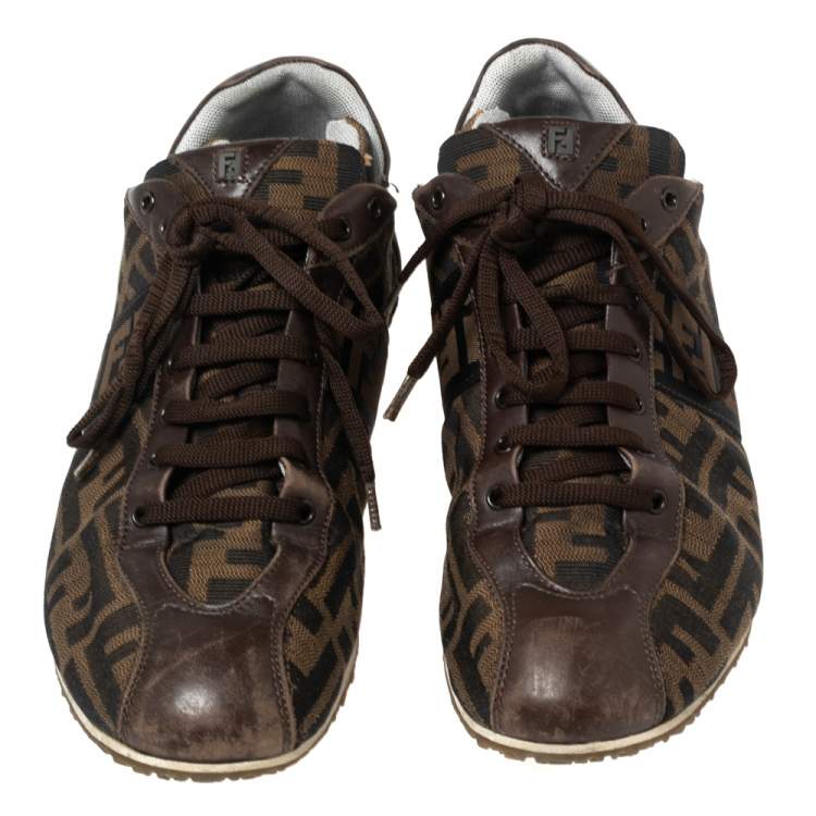 مملوكة مسبقًا Fendi Brown Zucca Canvas and Leather Trim Low Top Sneakers Size 41