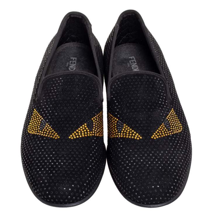 Pre Owned Fendi Black Crystals Embellished Suede Monster Smoking Slippers Size 43