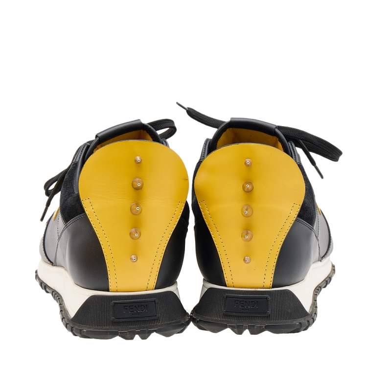 Pre Owned Fendi Black/Yellow Leather Monster Eyes Studded Low Top Sneakers Size 44