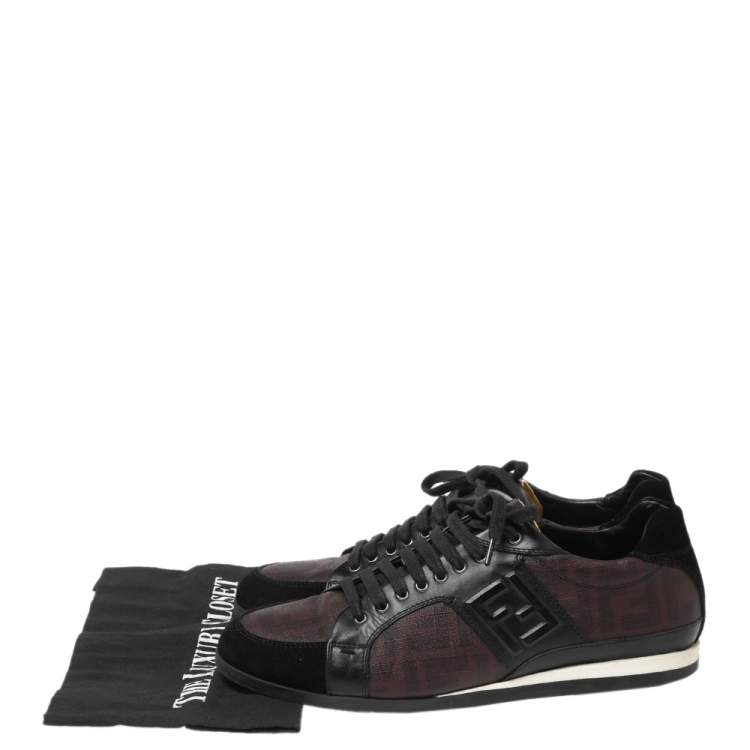 Pre Owned Fendi Black/Burgundy Zucca Canvas and Leather Low Top Sneakers Size 41.5