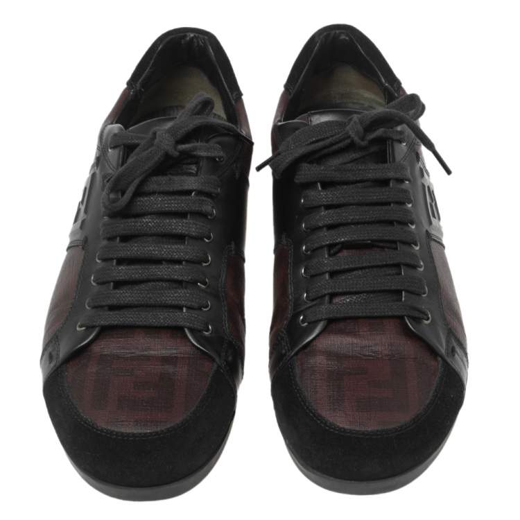 Pre Owned Fendi Black/Burgundy Zucca Canvas and Leather Low Top Sneakers Size 41.5