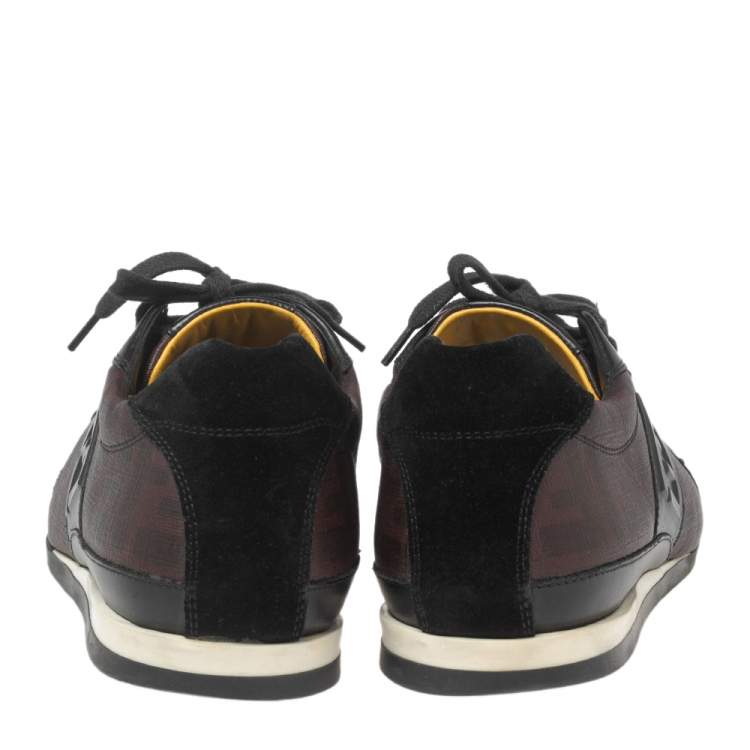 Pre Owned Fendi Black/Burgundy Zucca Canvas and Leather Low Top Sneakers Size 41.5