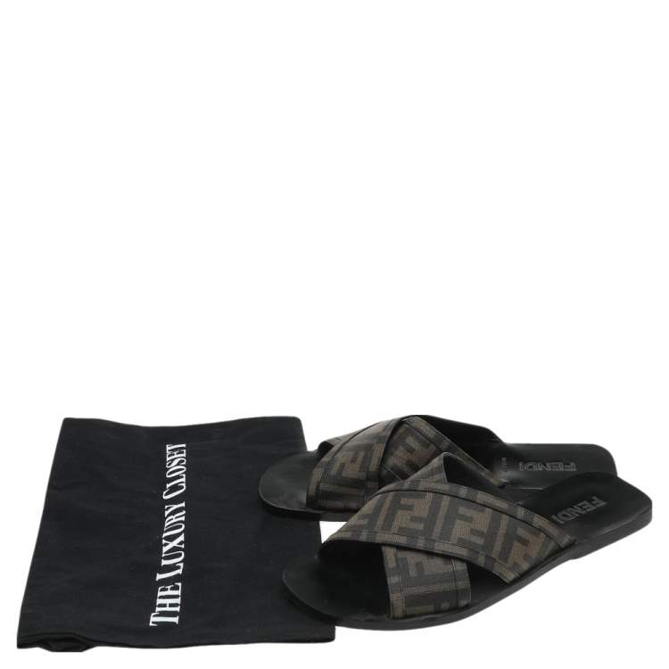 Pre Owned Fendi Brown Zucca Canvas Crisscross Slide Sandals Size 41