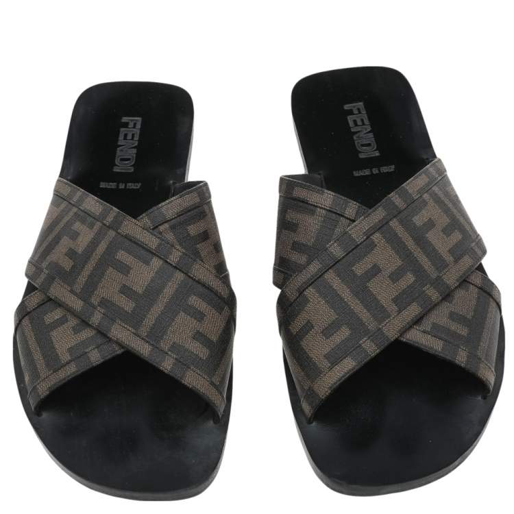 Pre Owned Fendi Brown Zucca Canvas Crisscross Slide Sandals Size 41