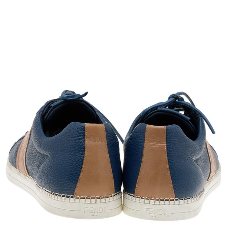 Pre Owned Fendi Blue/Brown Leather FF Logo Band Low Top Sneakers Size 44