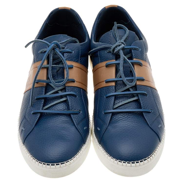 Pre Owned Fendi Blue/Brown Leather FF Logo Band Low Top Sneakers Size 44