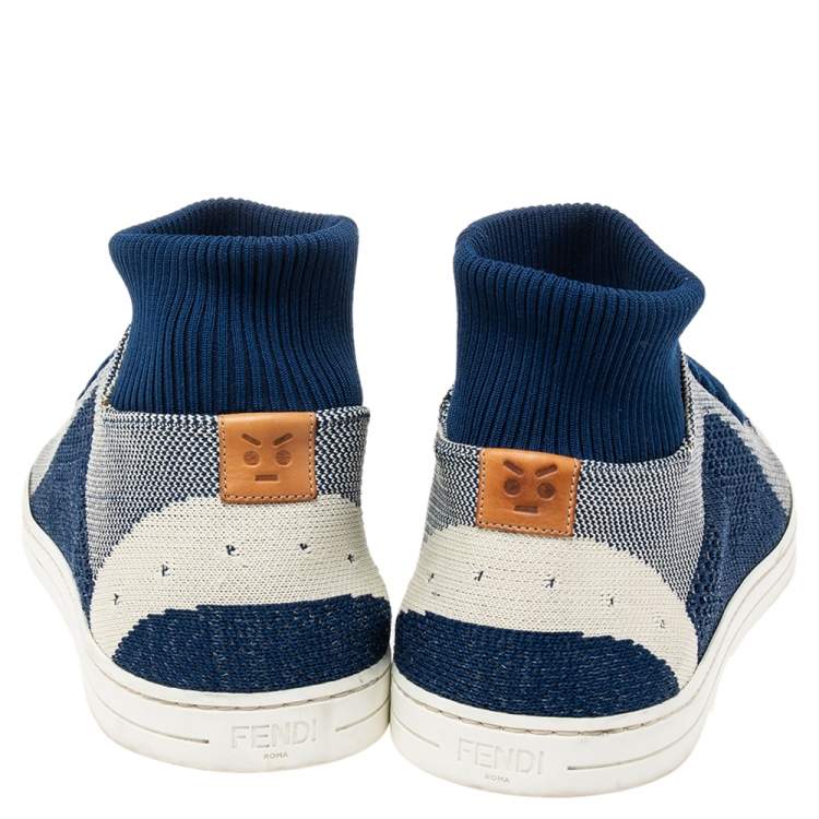 Pre Owned Fendi Blue/Off White Knit Fabric Sock Sneakers Size 43