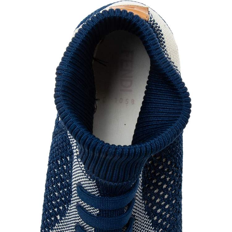 Pre Owned Fendi Blue/Off White Knit Fabric Sock Sneakers Size 43