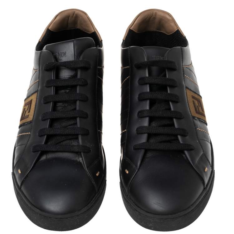 Pre Owned Fendi Black/Brown Leather FF Embroidered  Low Top Sneakers 44