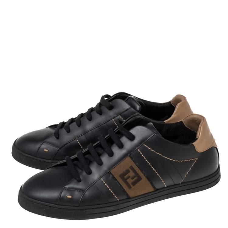 Pre Owned Fendi Black/Brown Leather FF Embroidered  Low Top Sneakers 44