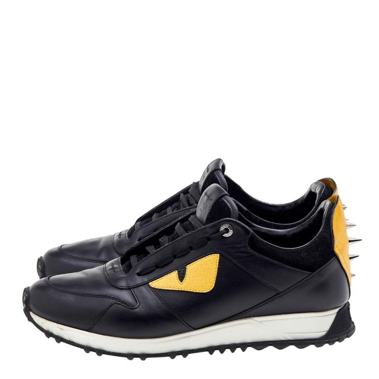 Pre Owned Fendi Black/Yellow Leather and Suede Monster Eye Studded Low Top Sneakers Size 42