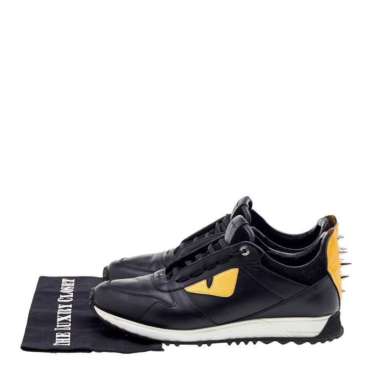 Pre Owned Fendi Black/Yellow Leather and Suede Monster Eye Studded Low Top Sneakers Size 42