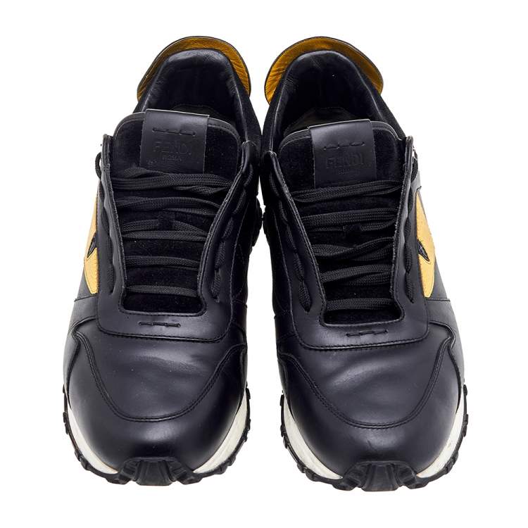 Pre Owned Fendi Black/Yellow Leather and Suede Monster Eye Studded Low Top Sneakers Size 42