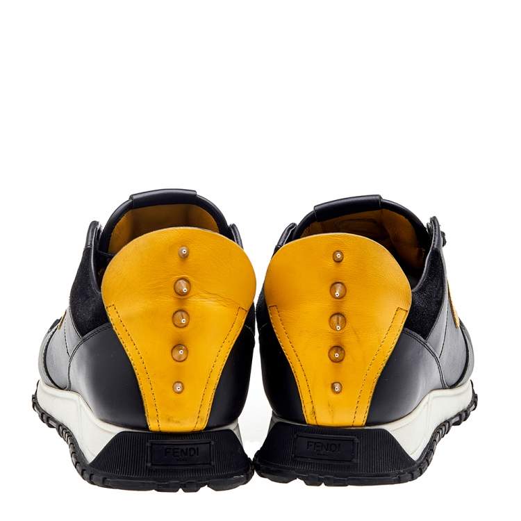 Pre Owned Fendi Black/Yellow Leather and Suede Monster Eye Studded Low Top Sneakers Size 42