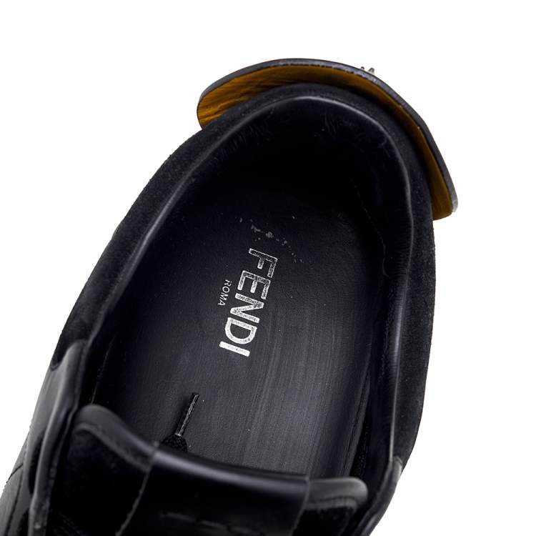 Pre Owned Fendi Black/Yellow Leather and Suede Monster Eye Studded Low Top Sneakers Size 42