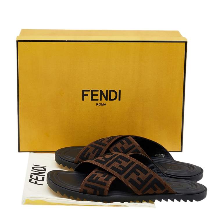Pre Owned Fendi Brown Zucca Canvas Crisscross Slide Sandals Size 43.5