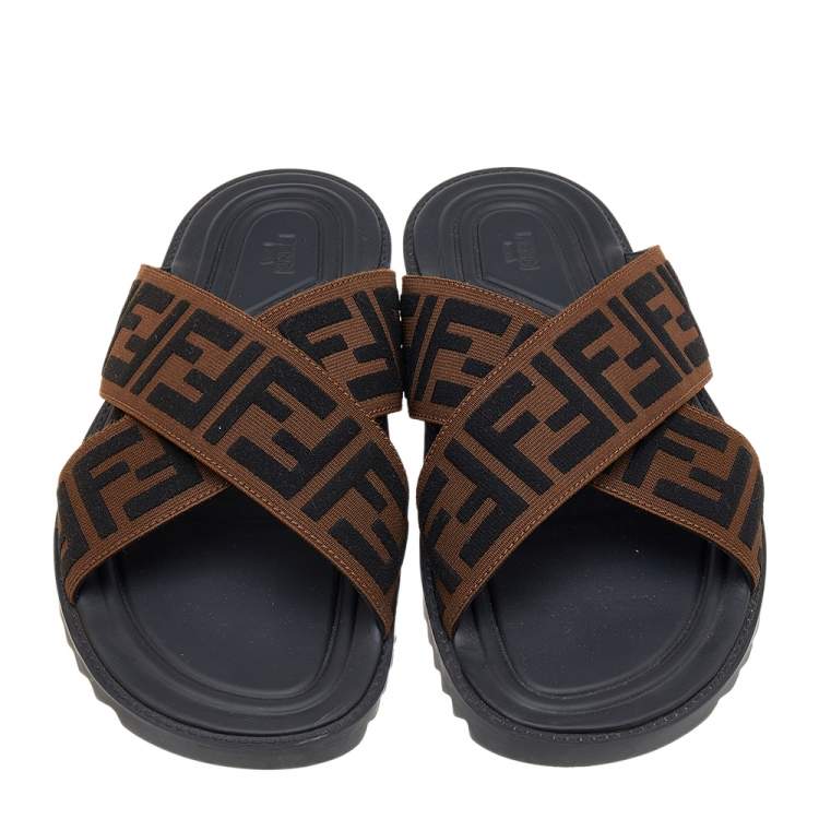 Pre Owned Fendi Brown Zucca Canvas Crisscross Slide Sandals Size 43.5