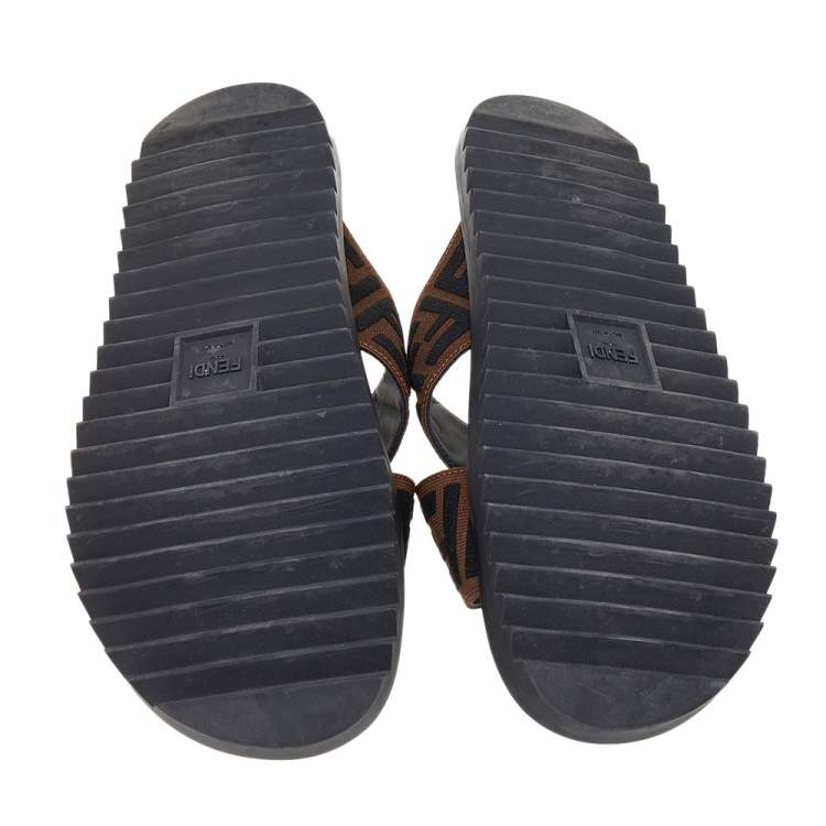 Pre Owned Fendi Brown Zucca Canvas Crisscross Slide Sandals Size 43.5