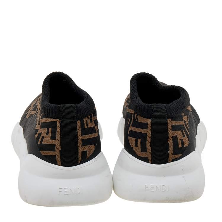 Pre Owned Fendi Brown/Black Zucca Knit Fabric Slip On Sneakers Size 43