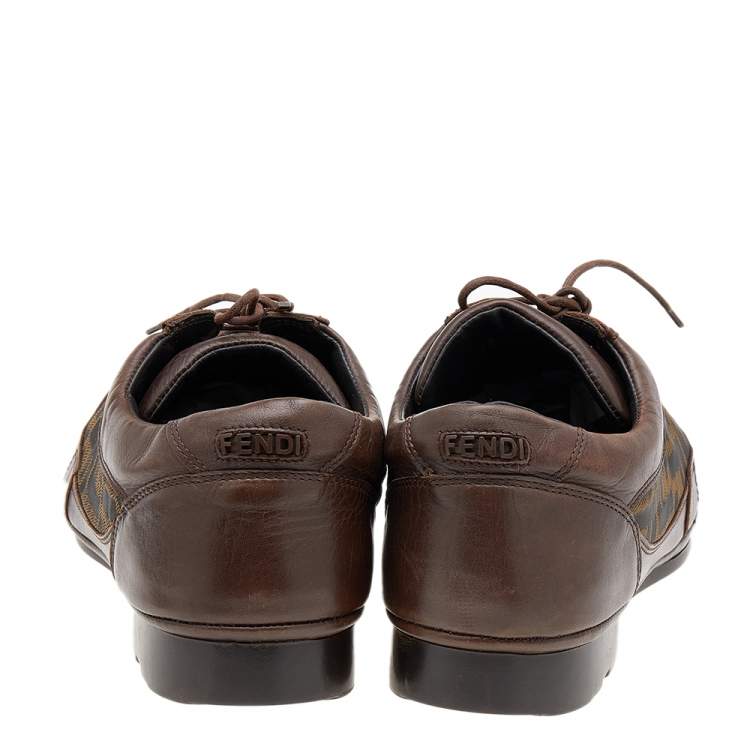 Pre Owned Fendi Brown Leather And Zucca Canvas Low Top Sneakers Size 42.5
