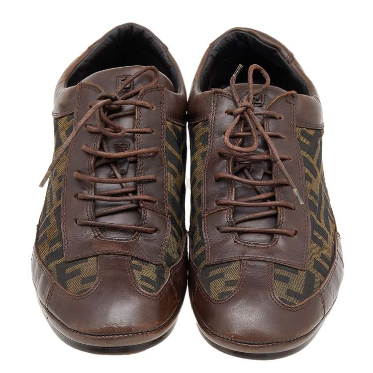 Pre Owned Fendi Brown Leather And Zucca Canvas Low Top Sneakers Size 42.5