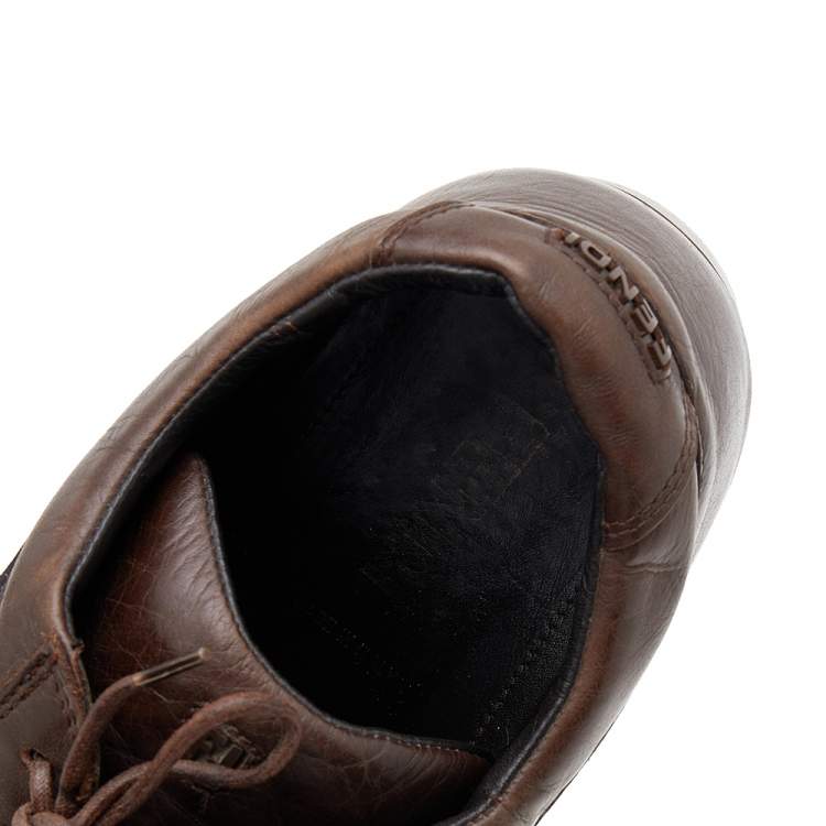 Pre Owned Fendi Brown Leather And Zucca Canvas Low Top Sneakers Size 42.5