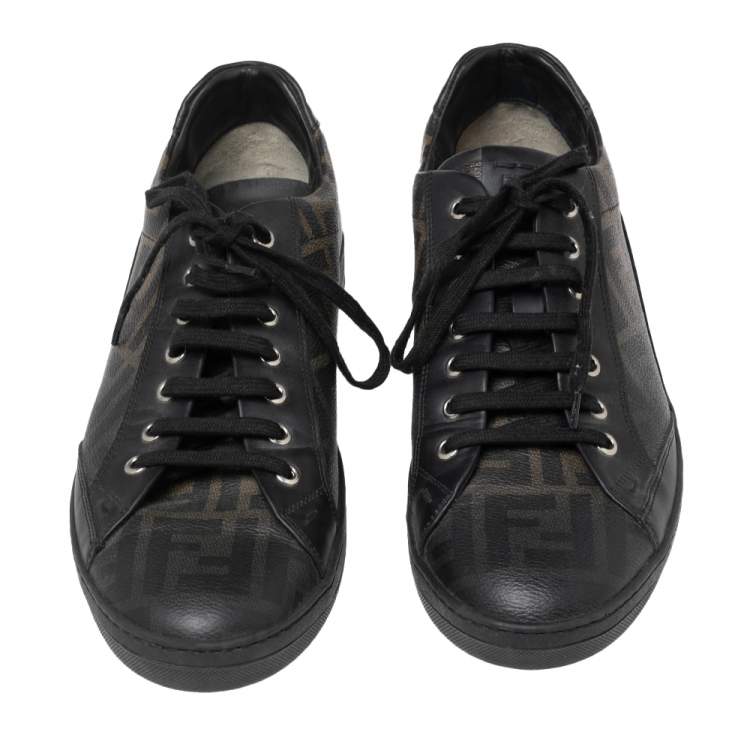 Pre Owned Fendi Black/Green  FF Canvas And Leather Low Top Sneakers Size 44