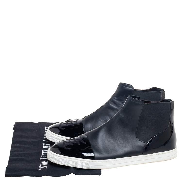 مملوكة مسبقًا Fendi Black Leather And Patent Cap Toe  Lace Up High Top Sneakers Size 42