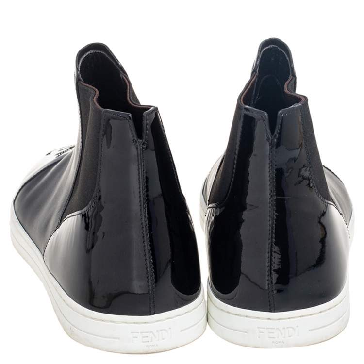 مملوكة مسبقًا Fendi Black Leather And Patent Cap Toe  Lace Up High Top Sneakers Size 42