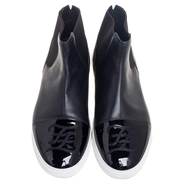 مملوكة مسبقًا Fendi Black Leather And Patent Cap Toe  Lace Up High Top Sneakers Size 42