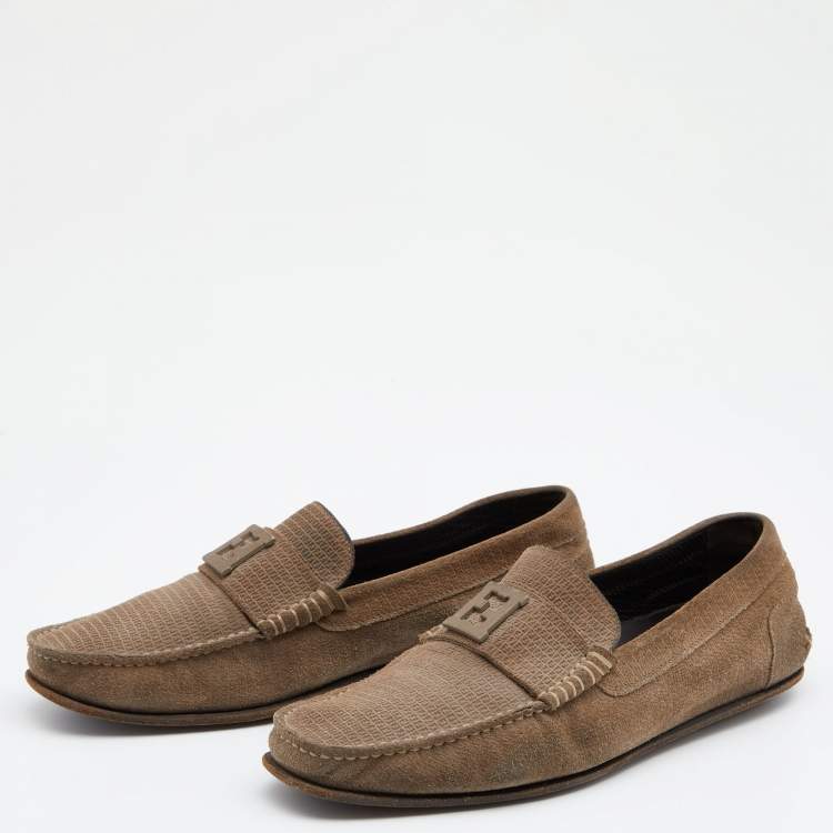 Pre Owned Fendi Brown Suede Logo Embellished Slip on Loafers Size 41