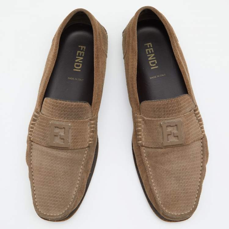 Pre Owned Fendi Brown Suede Logo Embellished Slip on Loafers Size 41