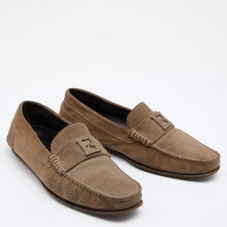 Pre Owned Fendi Brown Suede Logo Embellished Slip on Loafers Size 41