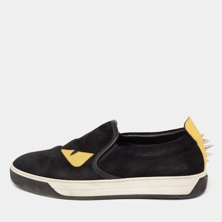 Pre Owned Fendi Black/Yellow Leather And Suede  Monster  Slip On Sneakers Size 40