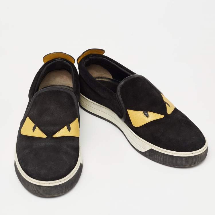 Pre Owned Fendi Black/Yellow Leather And Suede  Monster  Slip On Sneakers Size 40