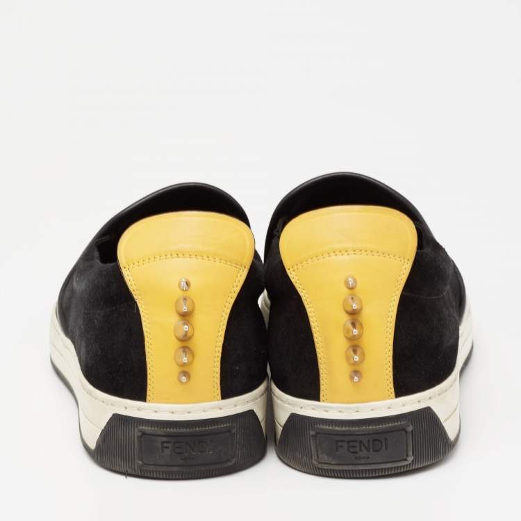Pre Owned Fendi Black/Yellow Leather And Suede  Monster  Slip On Sneakers Size 40