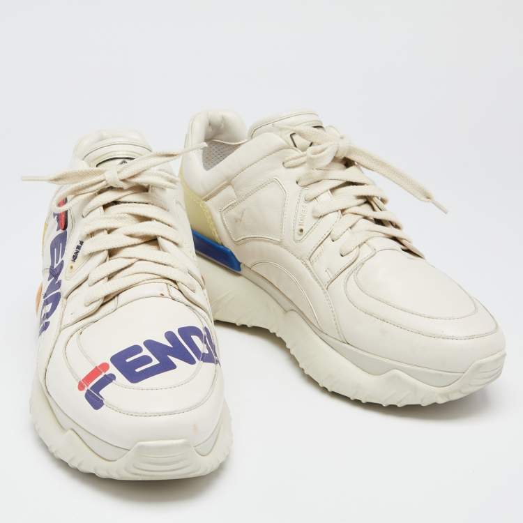 Pre Owned Fendi X Fendi Fila Cream Leather Mania Logo Low Top Sneakers Size 43