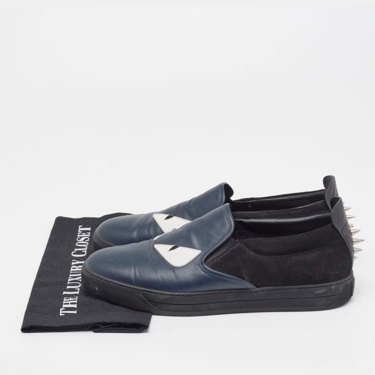 Pre Owned Fendi Navy Blue/Black Leather and Suede Monster Eye Slip-On Sneakers Size 44